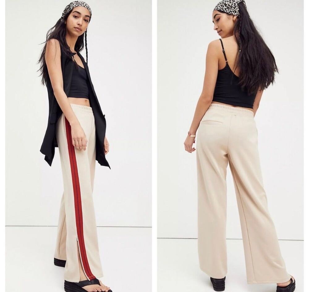 Free People Sophie Wide Leg Track Pants Tan Red Stripe Size M